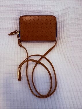 Brown Perforated Crossbody Wallet - Compact Leather Wallet with Strap
